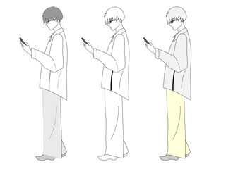 ファッションイラストセット　シャツを着てスマホを持つ男性の全身セット　ルミナスイエロー　ライトグレー　ベクターイラスト