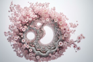Pastel pointillism cherry blossom spiral on white background. Highly detailed and intricately contrasted fractal. Hyperrealistic art concept. Generative AI