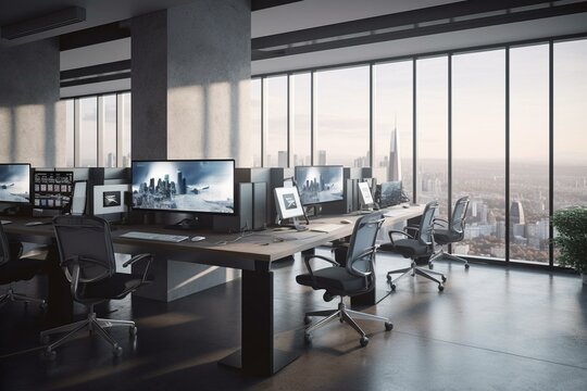 Modern shared workspace with empty screens, city view & industrial flooring. 3D visualisation. Generative AI