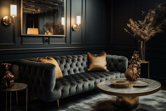Luxurious lounge in rich charcoal and gold hues. Generative AI