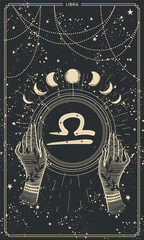 Zodiac sign Libra hand drawing, vintage boho astrology card for stories, black mystical background with stars, vector illustration by line. Template for divination, prediction of the future, calendar. © Salomi art