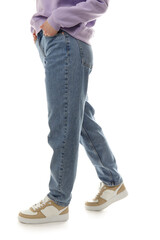 Fototapeta na wymiar Young woman in stylish jeans on white background