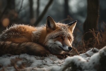 A slumbering fox in a wintery woodland setting. Generative AI