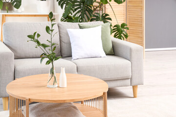 Vase with plant branches on coffee table in interior of bright living room
