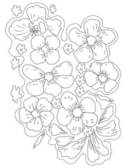 Vector illustration with flowers. Coloring page. Garden print. Monochrome line drawing. Flower, floral painting. Graphic line art