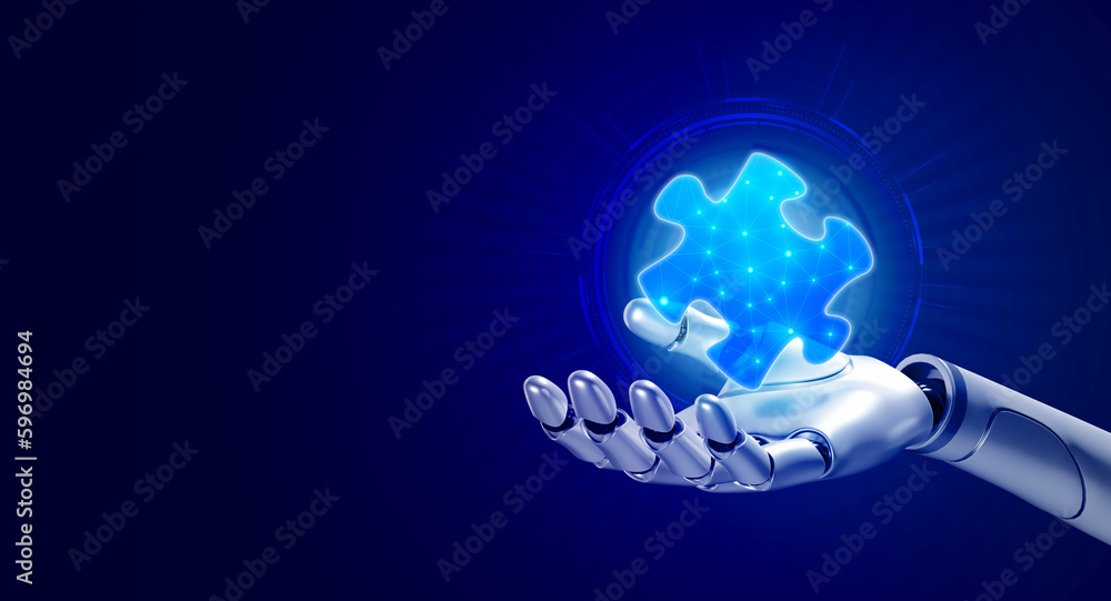 Poster 3d rendering robot hand holding digital jigsaw puzzle piece on blue cyber network background with sp