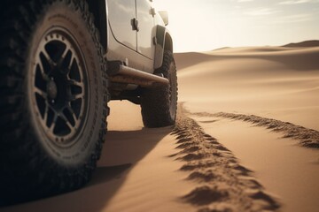 Fototapeta na wymiar Close-up of 4x4 off-road car wheel driving on sand dune in desert. Generative AI