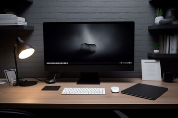 Designer office table with empty computer monitor and supplies. Mockup, 3D rendering. Generative AI