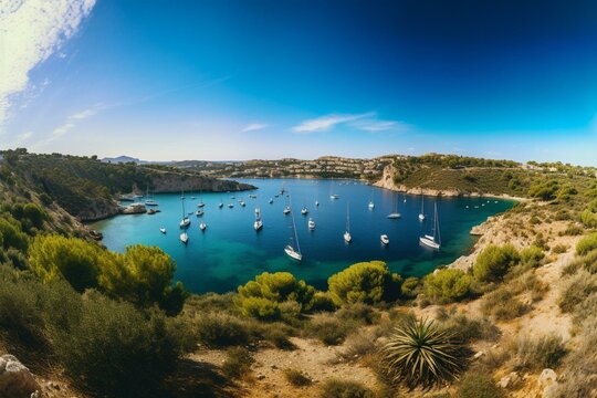 A beautiful panoramic view of Santa Ponsa bay on Mallorca Island with luxurious yachts in the Mediterranean Sea. Generative AI