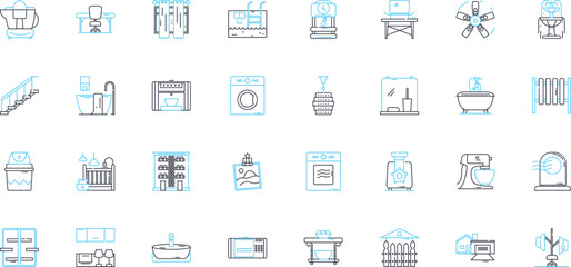 Obraz premium Home retailer linear icons set. Furniture, Decor, Appliances, Lighting, Linens, Kitchenware, Garden line vector and concept signs. Bedding,Curtains,Cushions outline illustrations Generative AI