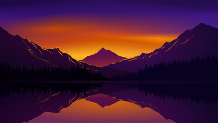 Vector sunset illustration with lake and mountain and hills in background