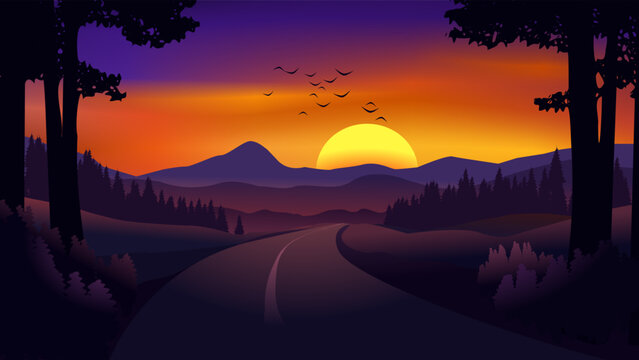 Vector sunset illustration with empty road in countryside and mountain in background