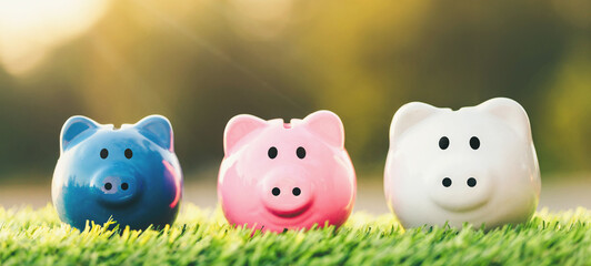 Three piggy banks placed place on the grass. Saving for future investment, retirement concept. planning savings money of coins to buy a home concept for property, mortgage and real estate investment.
