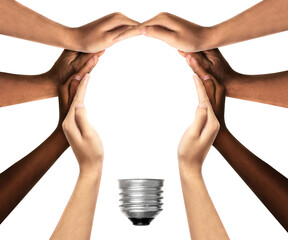 Symbols and shapes of light bulbs created by hand. People thinking together and team ideas coming together joining hands. The concept of idea, cooperation, teamwork and creative solution. - obrazy, fototapety, plakaty
