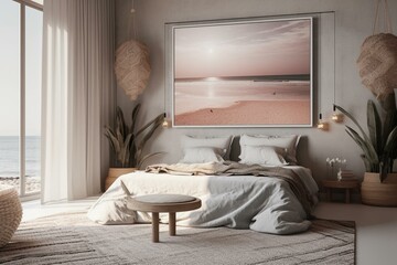 Coastal Boho bedroom mockup frame 3D render. Generative AI