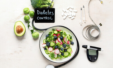 World diabetes day and healthcare concept. Diabetic measurement set, measure tape and healthy food.