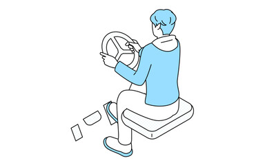 車の運転・レーシングゲームをする男性