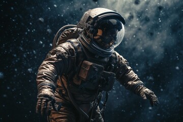 Cosmonaut floating amid celestial dust & stars, conjured with advanced tech. Generative AI
