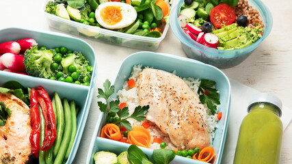 Different types healthy meals in containers, Takeout food menu, top view, copy space