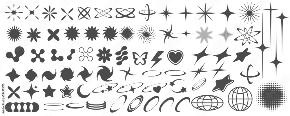 Poster y2k retro elements. abstract shapes and symbols for futuristic design. geometric groovy icons. vecto