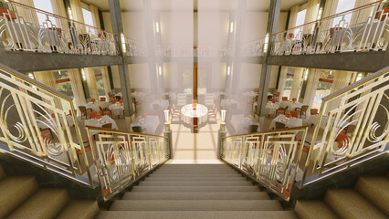 Fototapeta premium The spacious atmosphere of this luxury a la carte restaurant is accentuated by a magnificent central staircase.