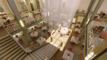 The spacious atmosphere of this luxury a la carte restaurant is accentuated by a magnificent central staircase.