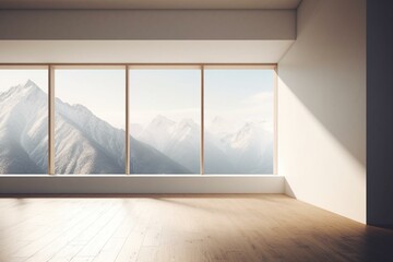Minimalist empty interior with large window overlooking mountains. Digital art. Generative AI