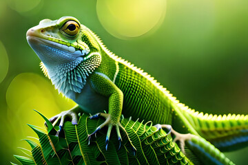 green lizard on a branch - obrazy, fototapety, plakaty