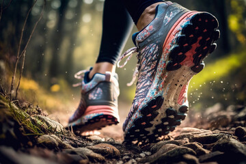 woman in sport shoes running on a trail in the forest