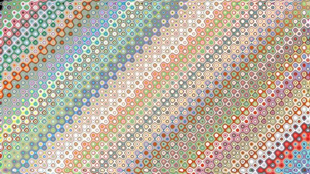 Abstract multicolor striped surface background with undulating parallel lines and circles. Curvy diagonal pattern blinking, pulsating, changing colors of waves and round spots. 4K UHD 4096x2304