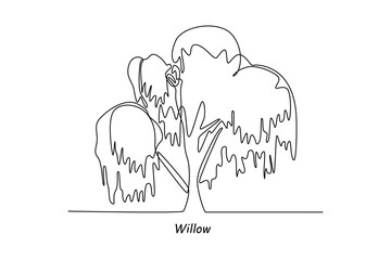 Single one line drawing willow. Tree concept. Continuous line draw design graphic vector illustration. - obrazy, fototapety, plakaty