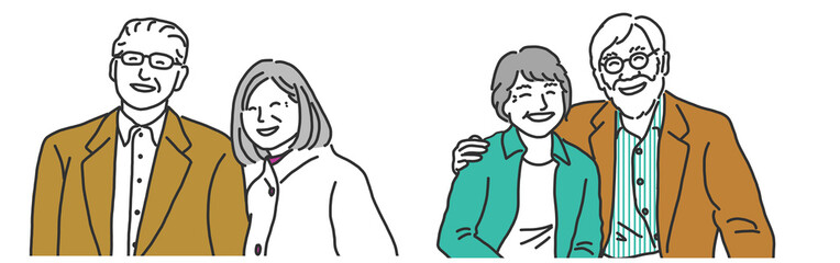 笑顔の仲のよい老父婦のイラストのセット