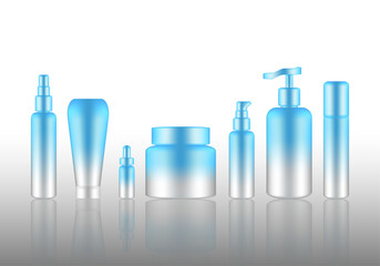 Spray Bottle Mockup Realistic blue Cosmetic Soap, Shampoo, Cream, Oil Dropper Set for Skincare Product Background Illustration. Health Care and Medical Concept Design.