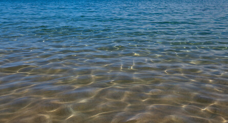 Abstract sea nature background. Water waves in sunlight with copy space. Tropical beach. Watering place. Aqua sea water surface.