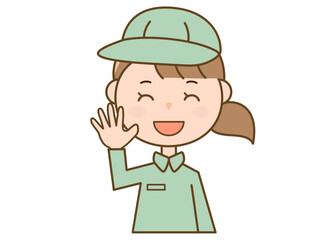 手を上げて笑顔で挨拶をする作業服を着た女性作業員_配達員_清掃員のイラストB