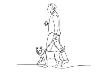 Continuous one line drawing man walking with his dog. Urban pets concept. Single line draw design vector graphic illustration.