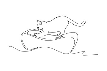 Continuous one line drawing scratching cat. Urban pets concept. Single line draw design vector graphic illustration.