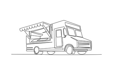 Single one line drawing Food trucks. Restaurant on wheels. Vans for street food selling. Car concept. Continuous line draw design graphic vector illustration.