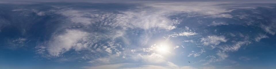 Blue summer sky panorama with light Cirrus clouds. HDR 360 seamless spherical panorama. Full zenith or sky dome for 3D visualization, sky replacement for aerial drone panoramas.