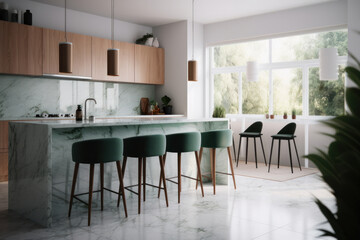 Discover the perfect blend of style and function in this contemporary kitchen, featuring a luxurious marble countertop and stylish wooden stools. Designed using advanced Generative AI technology.