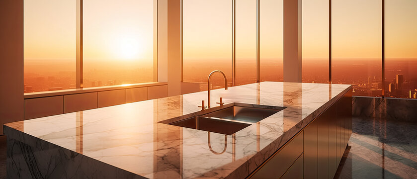 A beautiful marble countertop island in a luxury condo kitchen in Manhattan NYC. Beautiful views of the skyline with a golden sunset (generative AI)