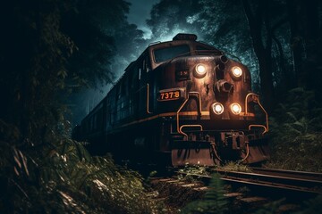 Fototapeta na wymiar Train lights up forest at night. Generative AI