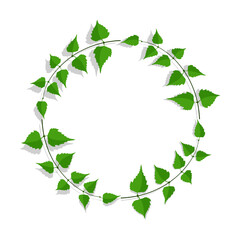 Frame made of thin birch twigs and green leaves. Floral ornament for design and decoration of invitations and posters. Round frame. Vector