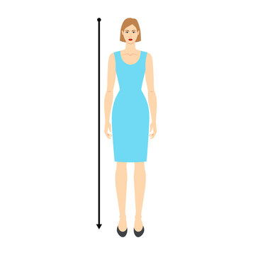 Women to do height measurement body with arrows fashion Illustration for size chart. Flat female character front 8 head size girl in blue dress. Human lady infographic template for clothes