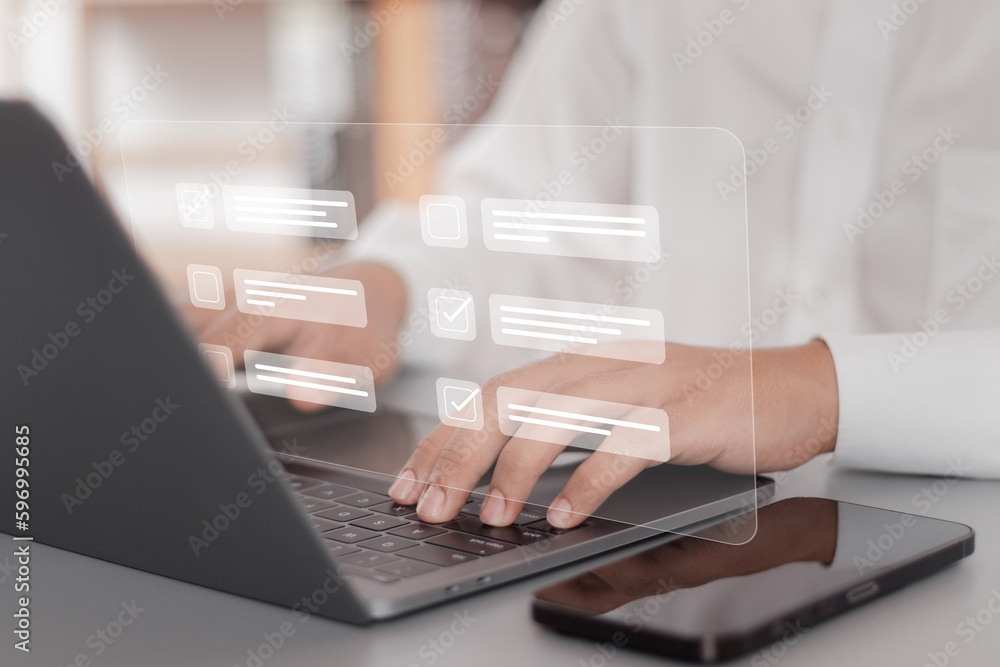Poster online survey concept. questionnaire with checkboxes. person answering online quiz with check mark, 
