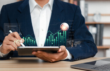 Digital online marketing concept. Business people analyze sales data and economic growth graphs to plan long-term investment strategies.