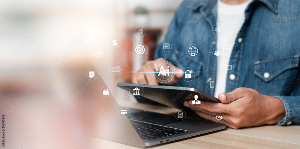 Poster concept of digital transformation internet of things. businessman working on tablet with artificial 