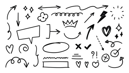 Arrow vector. Hand drawn brush stoke, speech bubble, line, cute doodle glitter pen line elements. vector illustration.