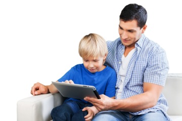 Young father and son using a digital tablet