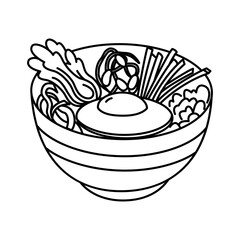 Bibimbap bowl doodle hand drawn vector illustration. Korean traditional food black and white line drawing.